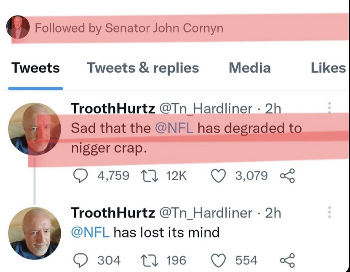 Both Texas senators <a href="/tedcruz/">Ted Cruz</a> and <a href="/JohnCornyn/">Senator John Cornyn</a> are following this person who’s so offended by rap, he resorted to a slur.