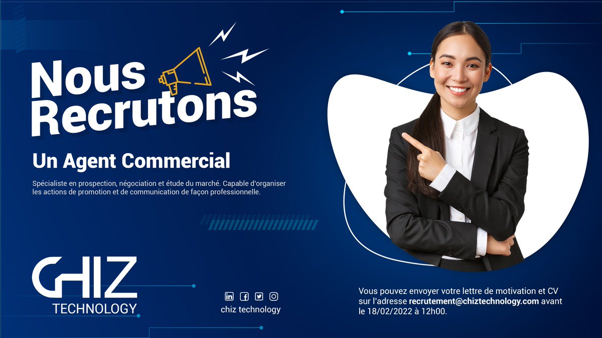 ChizTechnology's tweet photo. Vous êtes interessé de travail dans le service commercial ?
CHIZ TECHNOLOGY a une offre pour vous.
Soumettez votre candidature en envoyant votre CV et lettre de motivation à recrutement@chiztechnology.com jusqu'au 18 Février 2022 à 12h https://t.co/Ha2VQJHJY9