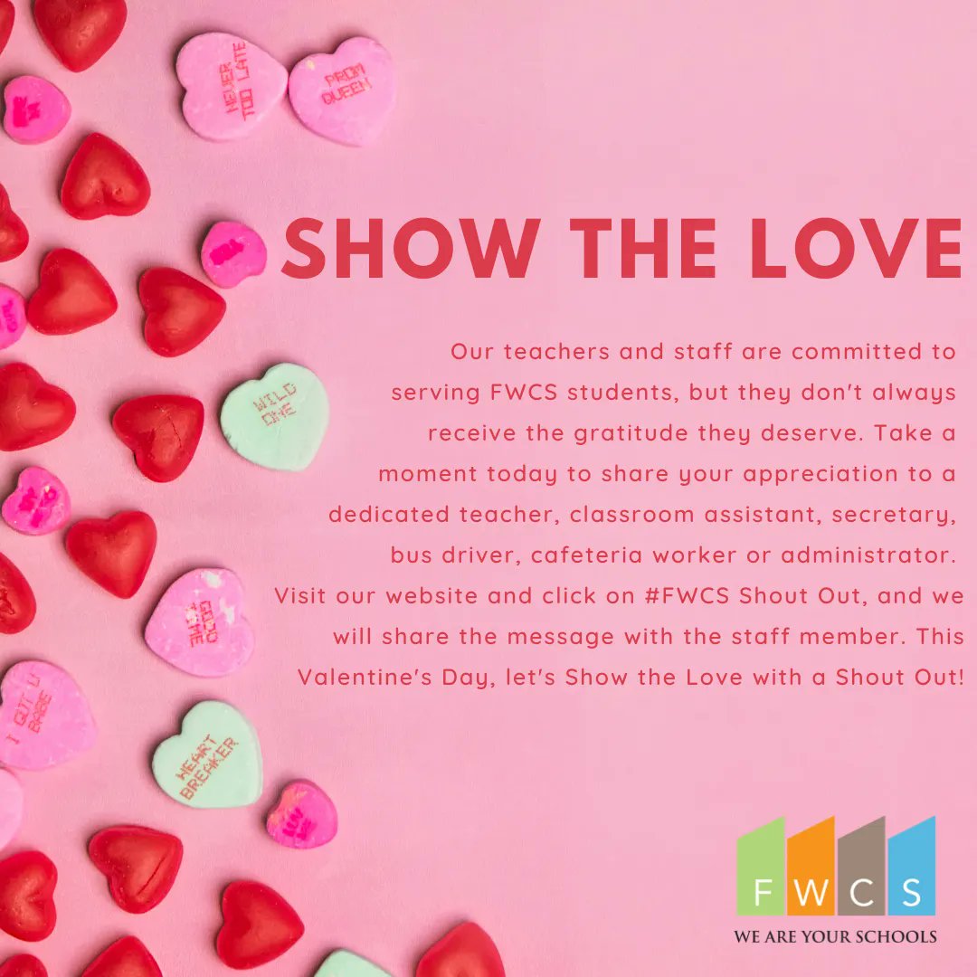 FWCommSchools's tweet photo. Happy Valentine's Day! Do you want to Share the Love with a teacher or staff member who has made a difference? Send your love with a #FWCSShoutout on Let's Talk! We'll be sure to pass the message along. https://t.co/rlcsSxGj5X #sharethelove #culturewins https://t.co/D3KOpHz23g
