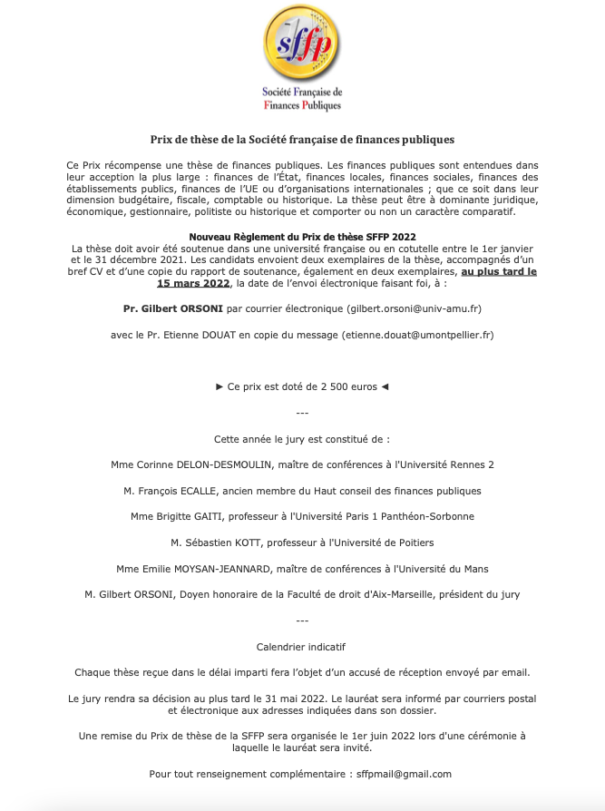 SFFP2017's tweet photo. La @SFFP2017 a lancé son Prix de thèse 2022. Les thèses portant sur les finances publiques et/ou la fiscalité sont à envoyer par voie électronique au plus tard le 15/03/2022. Ttes les infos pratiques sur https://t.co/smRnOS6HFk 
@VIESSANTCeline @VincentDUSSART1 @aurelien_baudu https://t.co/ZzkuqUuuj0