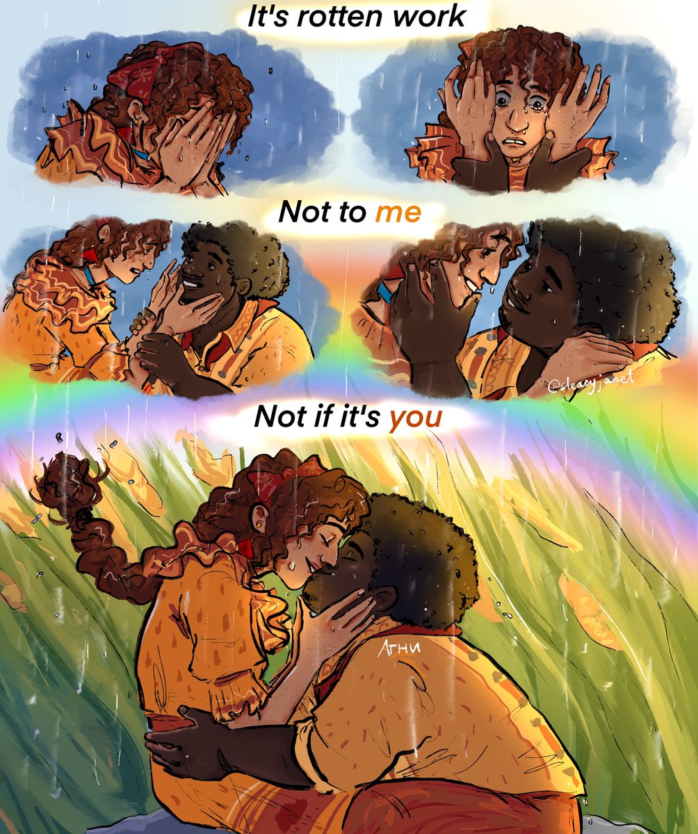 A drawing of Pepa and Félix from Encanto, in five frames. Pepa cries in the first frame, raining. In the second frame, Félix removes her hands from her face as she appears shocked, visibly tear-stained. In the second frame, Pepa cups Félix’s face as he still holds her wrists gently. He is smiling whereas she looks shocked and somewhat upset. In the fourth frame, much closer, Félix gazes at Pepa lovingly, caressing her face as she softly smiles. In the last frame, the biggest one, they’re in a cornfield. They’re kissing, Pepa smiling. It’s still raining above them but there’s also a rainbow above them, to underline how happy she looks. The caption above them says: “It’s rotten work”, by Pepa and Félix replies, “Not to me. Not if it’s you.”