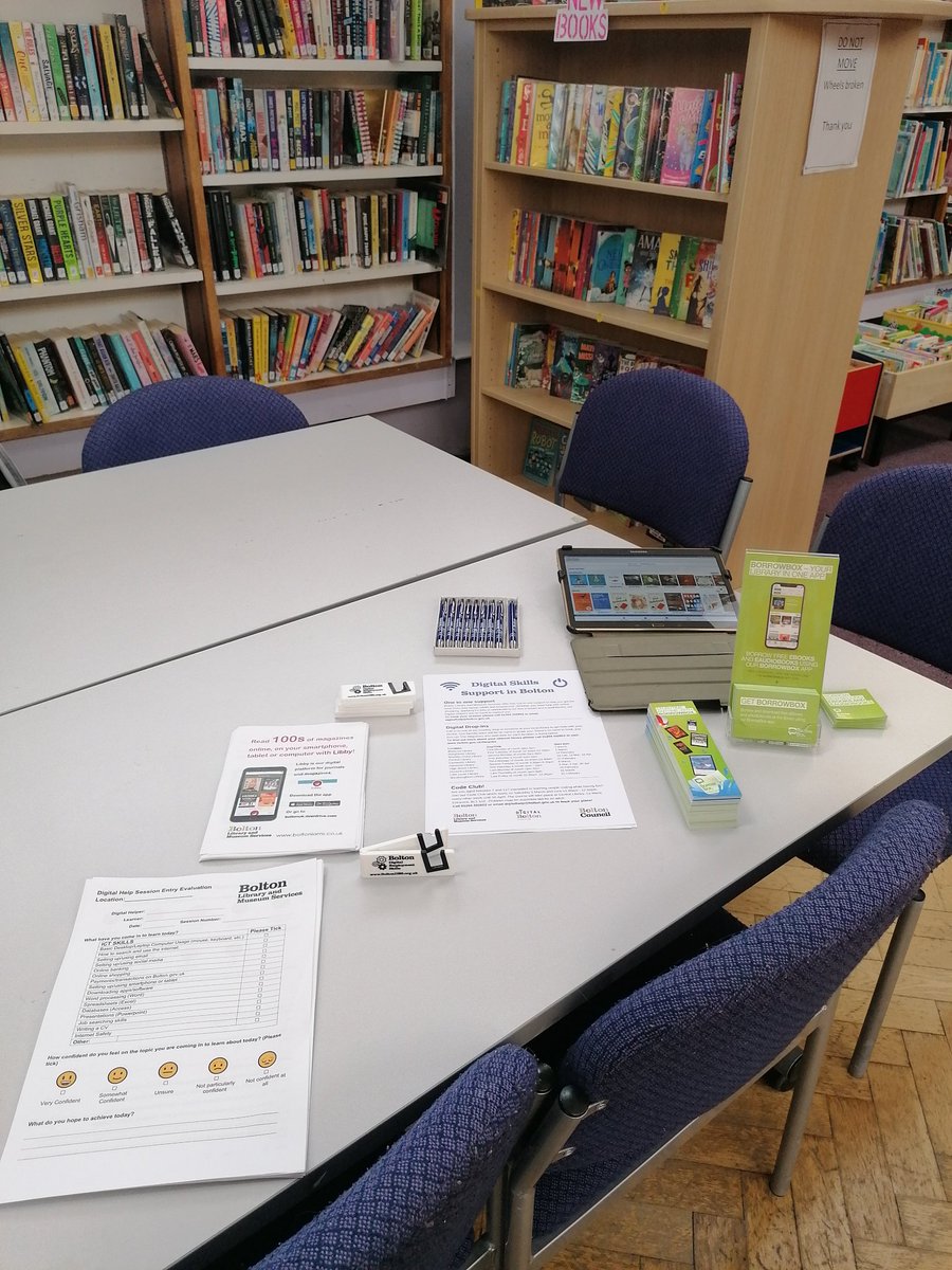 AskBoltonDES's tweet photo. Just setting up for our first Digital Drop-in session at Bromley Cross Library.

Come along today, from 2pm to 4pm, where we'll be answering questions and providing information on the digital provision available through @BoltonLMS #Digital #Bolton #libraries https://t.co/IibWtbDG4k