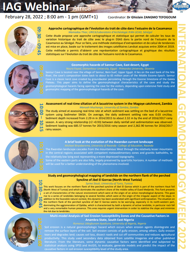 IAGAIG's tweet photo. The programme for the IAG International Geomorphology Week regional webinar in Africa (28th February 09:00 CET) is now online! Register for free and get all the details of #IntGeomorphWeek2022 at https://t.co/VNhgMaNACw
#geomorphology #IntGeomorphWeek2022 https://t.co/Rgh0alNcCG