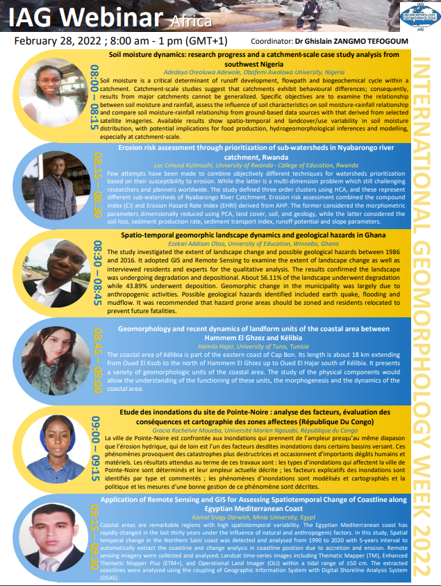 IAGAIG's tweet photo. The programme for the IAG International Geomorphology Week regional webinar in Africa (28th February 09:00 CET) is now online! Register for free and get all the details of #IntGeomorphWeek2022 at https://t.co/VNhgMaNACw
#geomorphology #IntGeomorphWeek2022 https://t.co/Rgh0alNcCG