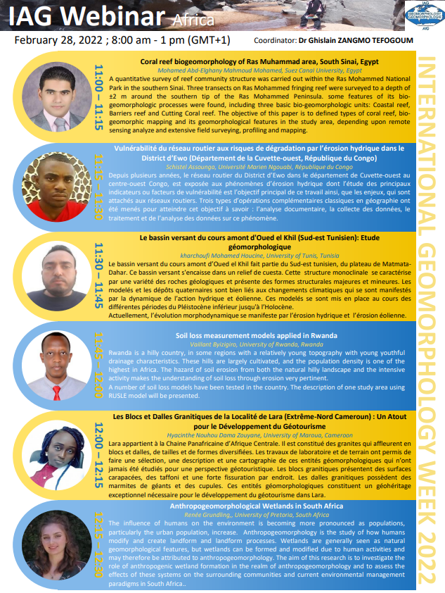 IAGAIG's tweet photo. The programme for the IAG International Geomorphology Week regional webinar in Africa (28th February 09:00 CET) is now online! Register for free and get all the details of #IntGeomorphWeek2022 at https://t.co/VNhgMaNACw
#geomorphology #IntGeomorphWeek2022 https://t.co/Rgh0alNcCG