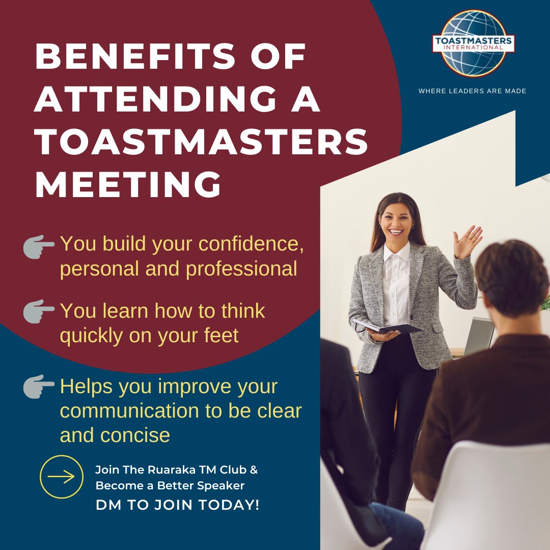 Toastmasters has many benefits, both personal and professional. Most Toastmasters members confess that they increased their confidence because of Toastmasters. Join our next Toastmasters Club Meeting Tuesday 15th February, 6pm for the #Toastmasters Experience.