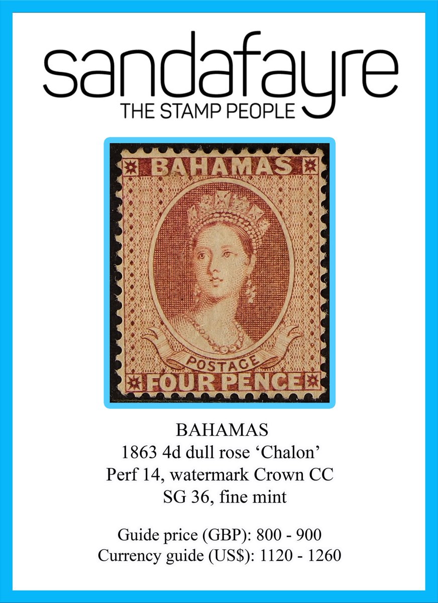 Sandafayre's tweet photo. A fine mint Bahamas rarity, the 1863 4d dull rose 'Chalon', perf 14 with Crown CC watermark. Available until 22nd February, details at https://t.co/5GTy40YJGw #Stamp #Auction #Sandafayre https://t.co/evHfvBe1br