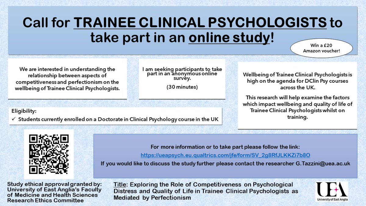 Seeking TRAINEE CLINICAL PSYCHOLOGISTS to take part in an anonymous ONLINE SURVEY for my DClin Psy research exploring competitiveness, perfectionism, and wellbeing.

Interested? Follow the link for more info:
ueapsych.eu.qualtrics.com/jfe/form/SV_2g…

Opportunity to win a £20 Amazon Voucher!