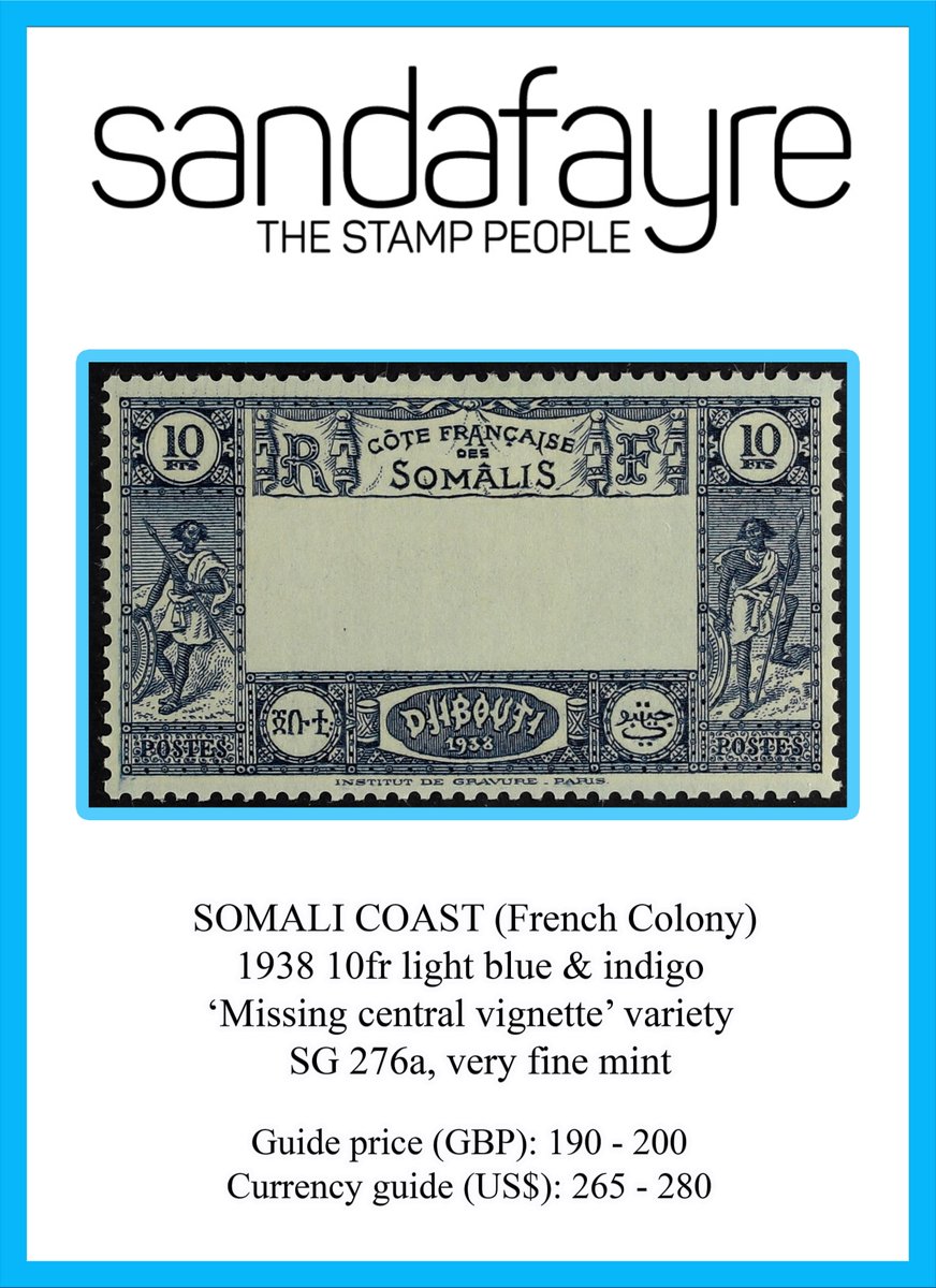 Sandafayre's tweet photo. From French Somali Coast, a fine mint 1938 10fr light blue &amp; indigo with the central vignette omitted. Available until 22nd February, details at https://t.co/XmeQCSS9Rd #Stamp #Auction #Sandafayre https://t.co/wpilBhwUdF
