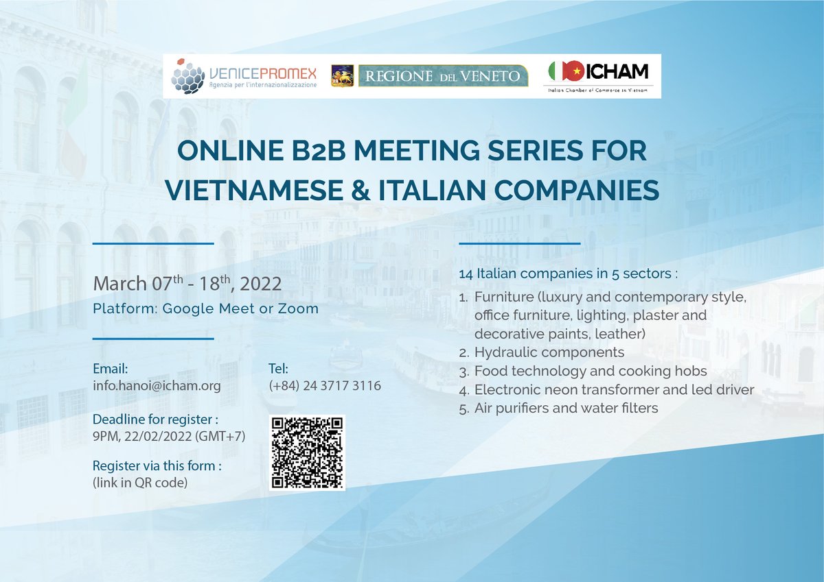 IchamV's tweet photo. If you wish to #import these Italian products into Vietnam:
1. #Furniture
2. #Hydraulic components
3. #Foodtechnology & cooking hobs
4. #Electronic neon transformer & led driver
5. #Airpurifiers & #waterfilter
Join our Online #B2BMeeting by registering at https://t.co/Zoao87Zj0o https://t.co/kZGvudkdnK