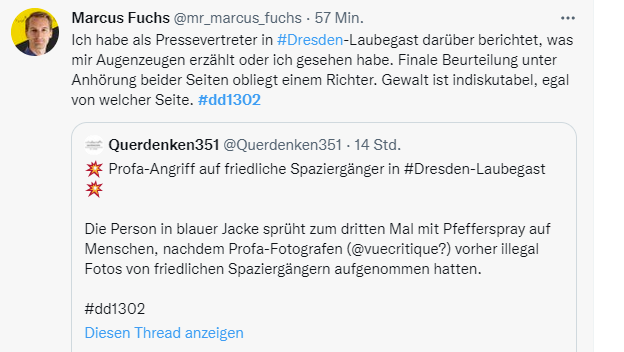 ddwiedersetzen's tweet photo. Mittlerweile muss man Ver-#Querdenken #Dresden als eine radikalisierte Fortführung von Pegida mit ein paar anderen Showelementen betrachten. Aus #LügenLutz wird #LügenFuchs. Auch in Sachen Anmaßung steht Fuchs dem Lutz in nichts nach. #Sachsen #FghtQrdnkn #FghtNZS #DD1302 #DD1402 https://t.co/ZhtpGZES70