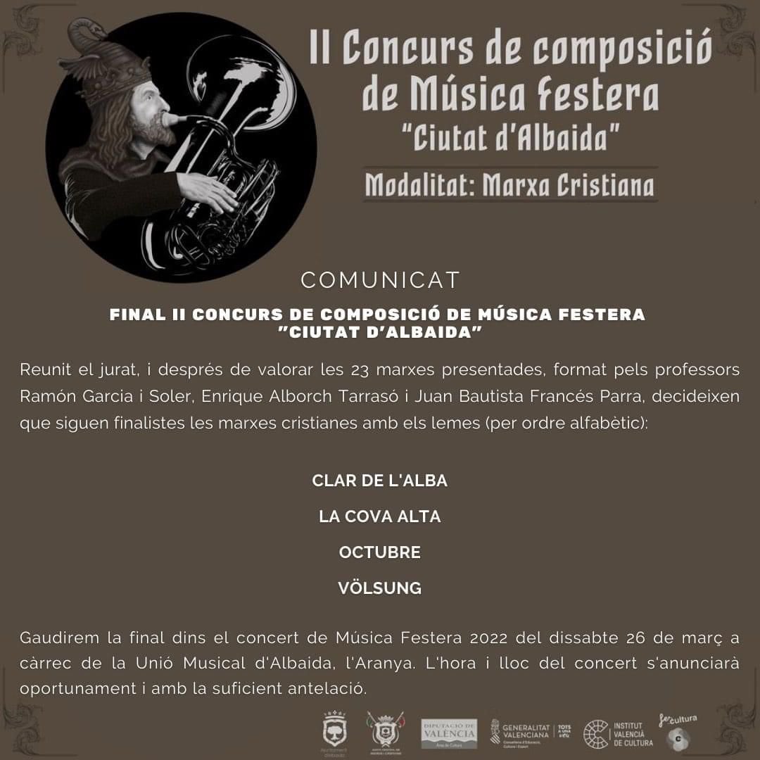 II Concurso de Composición de Música Festera “Ciutat d’Albaida”.