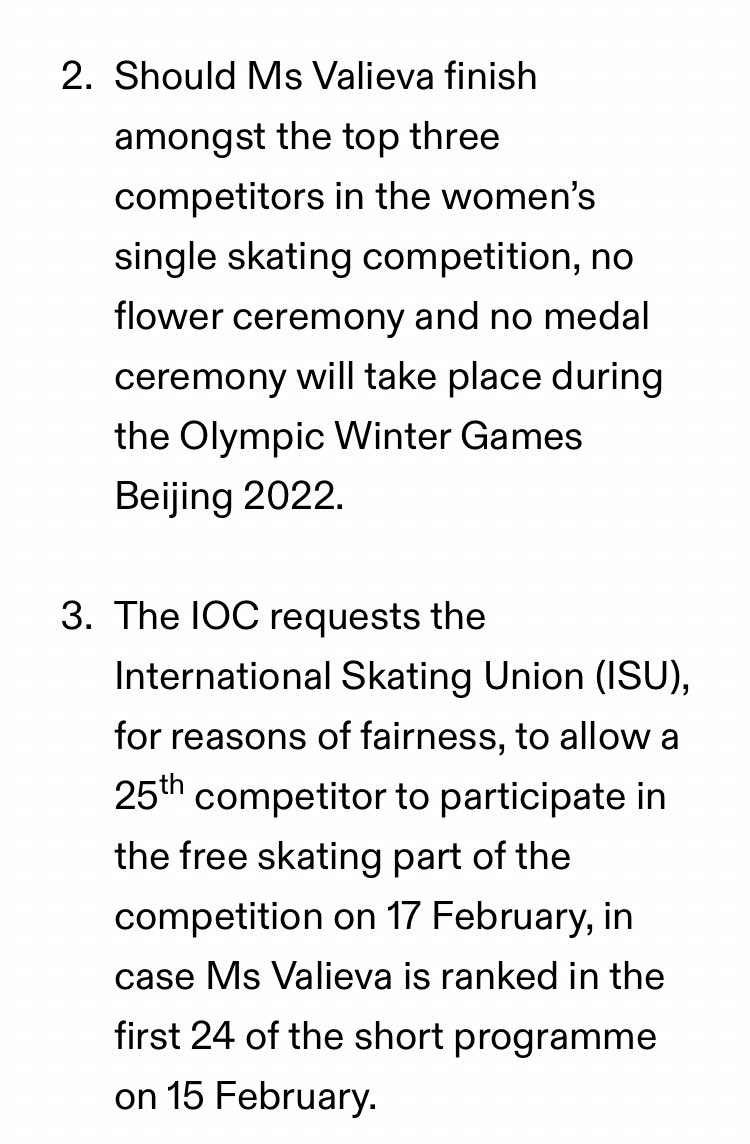 cbrennansports's tweet photo. The IOC forcefully answers back: no medal ceremony for the team competition and no medal ceremony if Kamila Valieva finishes in the top three of the women’s event. Fascinating and absolutely the right call. What a fiasco this is, all because of Russian doping. https://t.co/p25rGthfwK