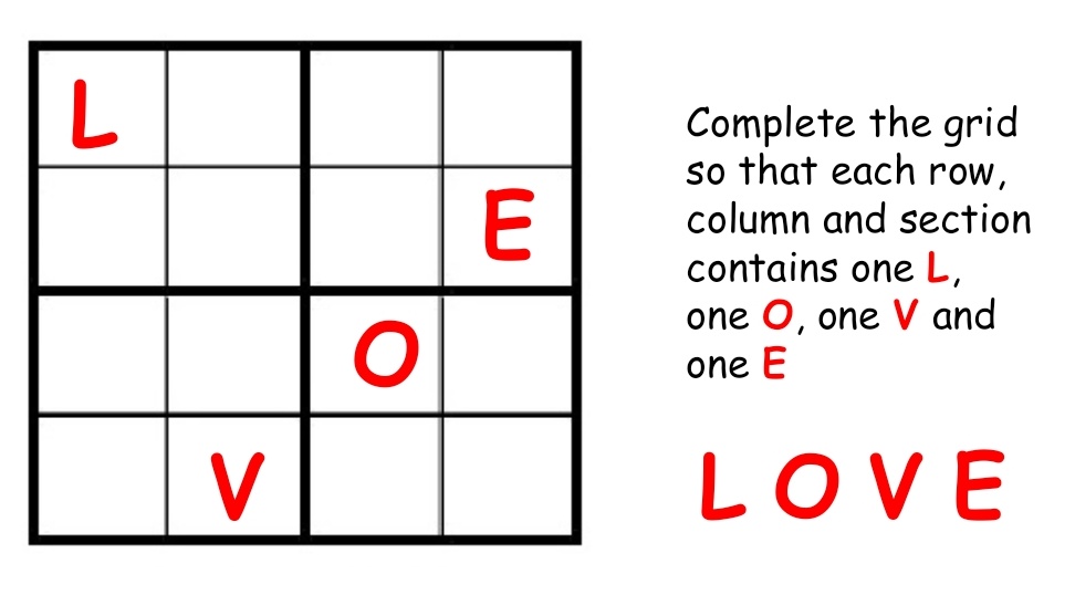 Hazlehead_maths's tweet photo. Hope you're all enjoying your long weekend! Here's some Valentine's themed sudoku puzzles to try! Some people find it more challenging when letters are used instead of numbers. Give us a like if you solve any &amp; DM if you'd prefer a paper copy emailed to work on 😃❤️ https://t.co/JcWwzQc61L