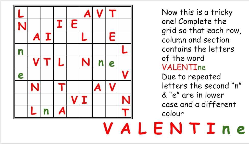 Hazlehead_maths's tweet photo. Hope you're all enjoying your long weekend! Here's some Valentine's themed sudoku puzzles to try! Some people find it more challenging when letters are used instead of numbers. Give us a like if you solve any &amp; DM if you'd prefer a paper copy emailed to work on 😃❤️ https://t.co/JcWwzQc61L