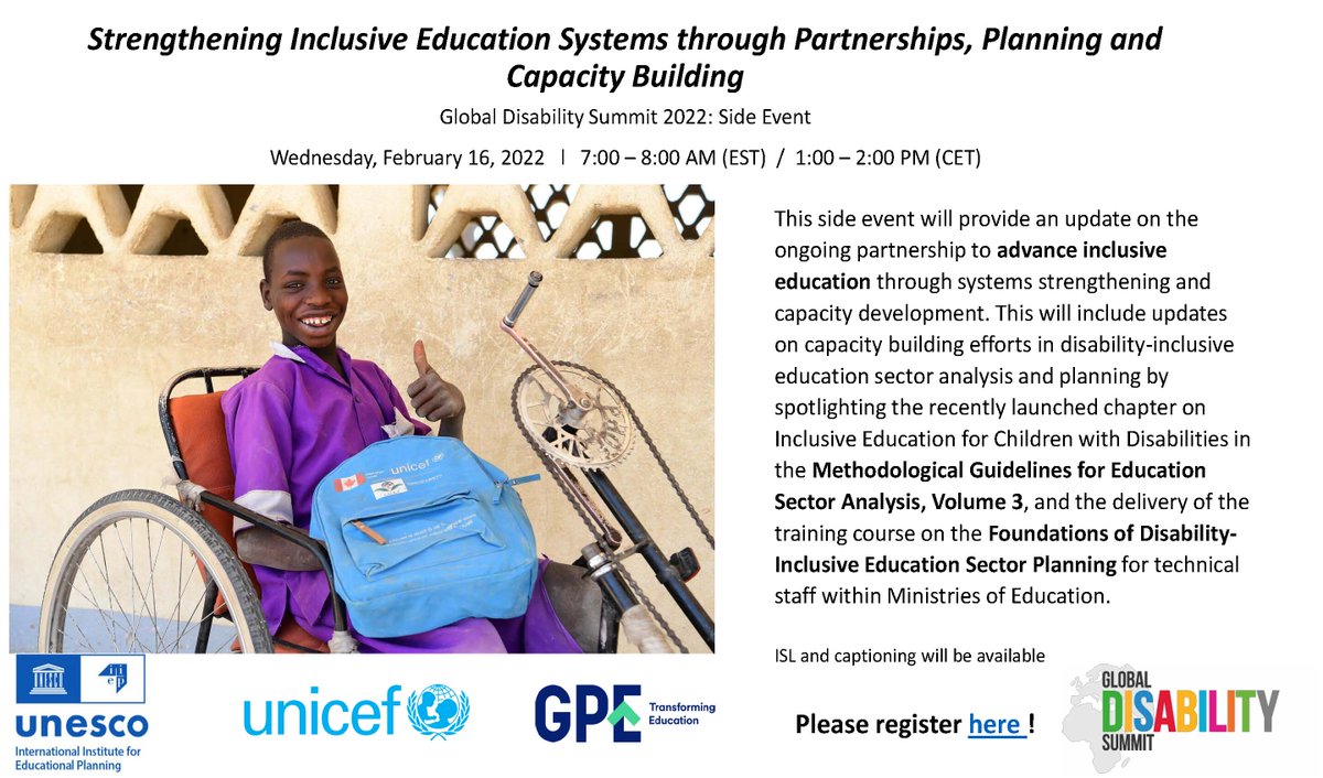 IIEP_UNESCO's tweet photo. This Wednesday 16 Feb, IIEP &amp; partners will be at #GDS2022! Register for our side events:
✅1pm CET: Strengthening Inclusive Education Systems w/ @UNICEFEducation @GPforEducation 
✅5pm CET: Inclusive Education: Making It Happen organized by @GLAD_Net
ℹ https://t.co/RX1XYal2zB https://t.co/rD649N4QrS