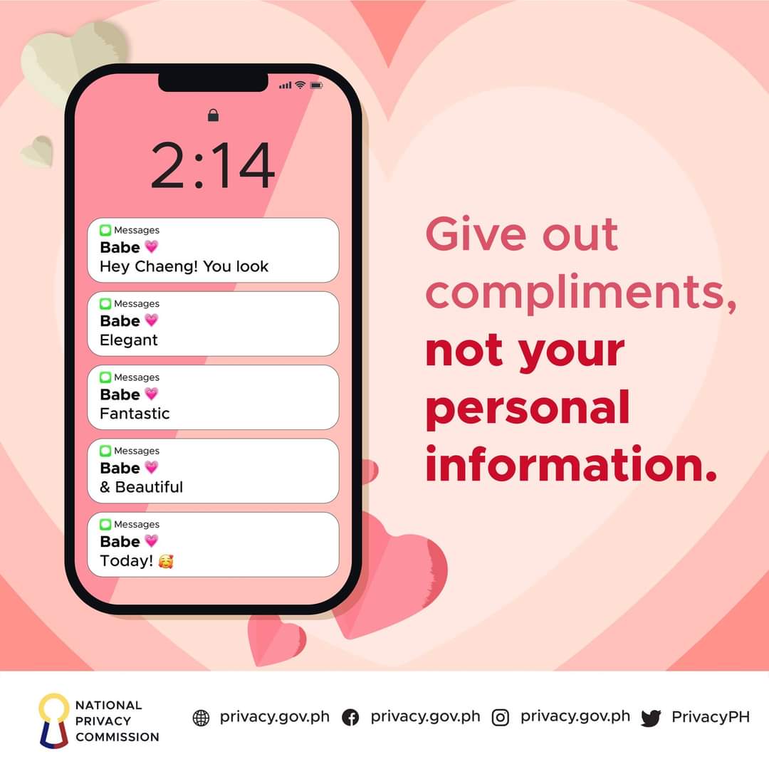 PrivacyPH's tweet photo. Feb-ibig na ulit! Pero kumusta ang lagay ng personal information mo sa dating apps?
Wag basta magshare ng personal information, lalo na sa mga bagong kilala mo! Uso pa naman ang dating scams ngayon. 😔
Have a data privacy safe Valentine’s Day! 💖
#PrivacyPH https://t.co/gfbcmZahs8