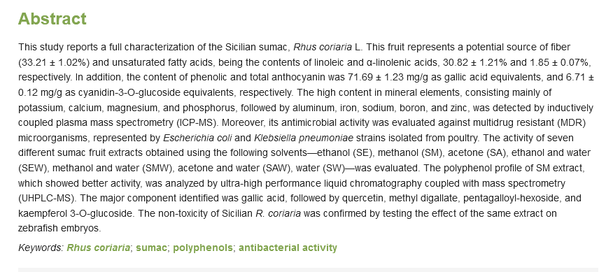 Foods_MDPI's tweet photo. #mdpifoods
Congratulations on the tenth publication of this special issue🥳
Paper "#Chemical_Characterization, #Antibacterial Activity, and Embryo Acute #Toxicity of #Rhus_coriaria_L. Genotype from Sicily (Italy)" by Giovanna Lo Vecchio et al
Link: https://t.co/fnD4qpZVxr https://t.co/RsnMUdykW3