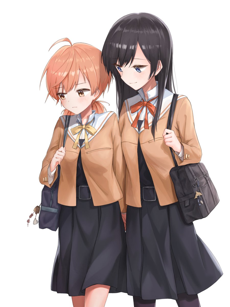 multiple girls 2girls school uniform black hair bag pantyhose orange hair  illustration images