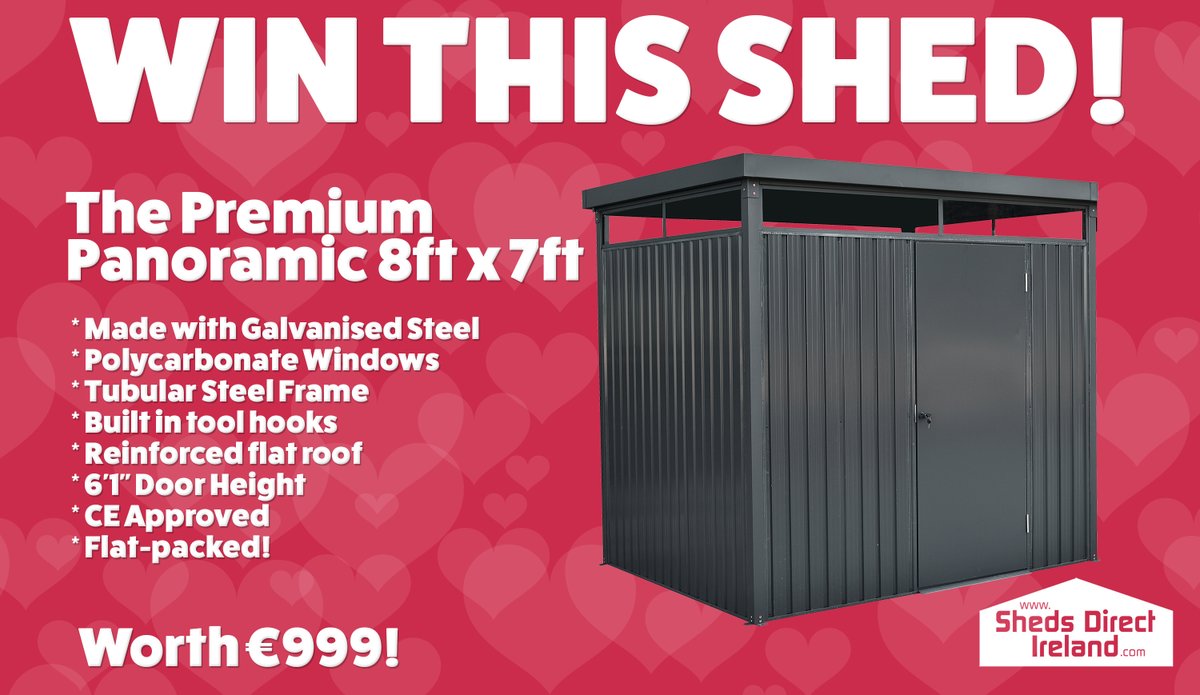 ShedsDirectIre's tweet photo. Happy Valentines!

We ❤️ Sheds &amp; we're giving you a chance to win this flatpacked Premium Panoramic Shed worth €999!

✅ RT &amp; Follow to Enter!
Enter on FB &amp; IG too!
Competition closes 14/03/22 

#Giveaway #Free #shed 
#garden #Ireland #freebie #DIY

https://t.co/ztiYwncwpn https://t.co/PcpHoyEP0i