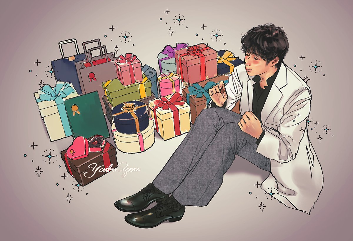 1boy male focus solo gift sitting black hair box  illustration images