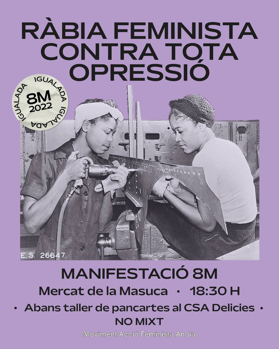 acciofem_anoia's tweet photo. Ens veiem el 8M per a reivindicar el dia de la dona treballadora. ⚒👇🏻 

#8M2022 #8Mautoorganitzaciofeminista #8Mjuntesidiverses #8mrabiafeminista https://t.co/F1Qdqo0W4C