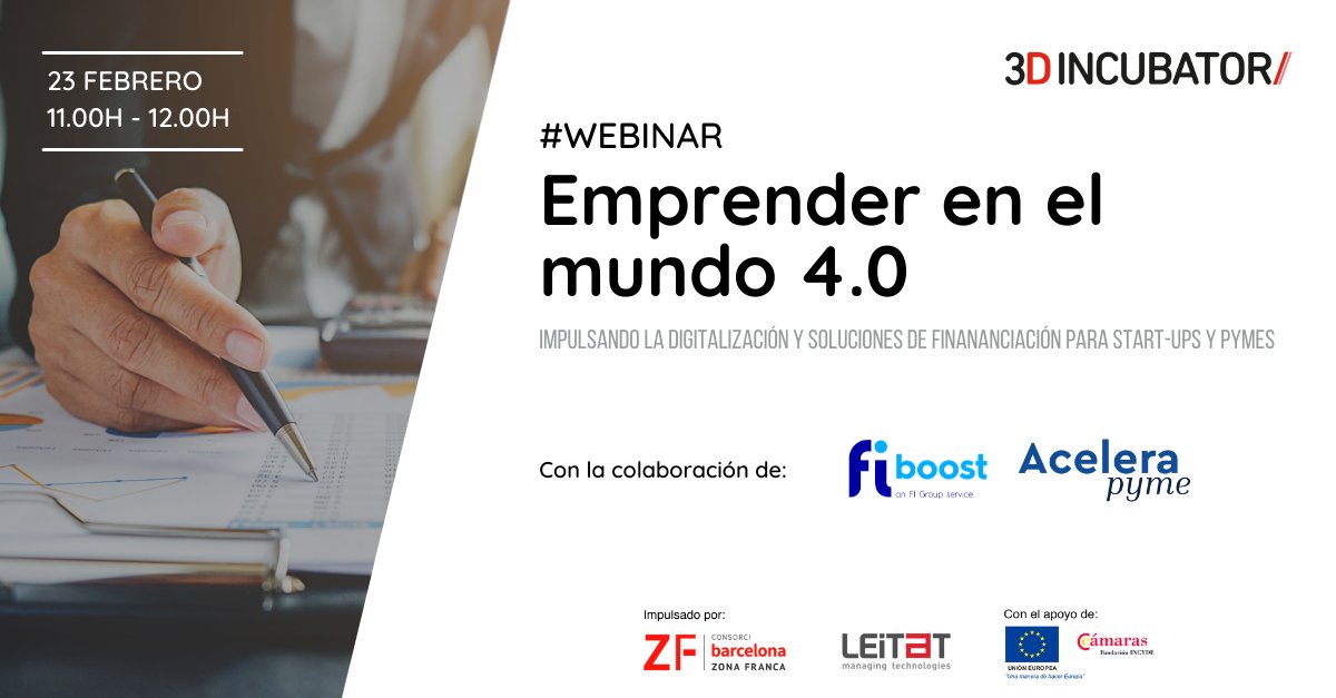 3D_Incubator's tweet photo. ¿Tienes un proyecto y necesitas financiación? ¿Quieres potenciar la digitalización de tu empresa?
Te esperamos en nuestro webinar gratuito este 23 de febrero a las 11:00.
Conoce el programa y apúntate aquí: https://t.co/4GDsdbfjgJ 👈
@ConsorciZF @DFactoryBCN https://t.co/hMXN12Y1fH