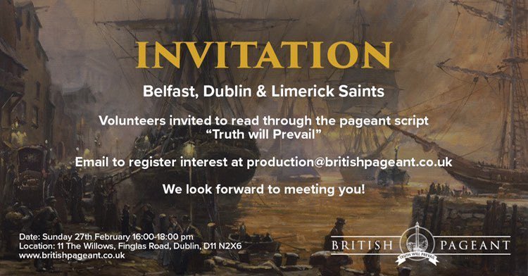 BritishPageant's tweet image. Exciting news for Irish Saints!  We’re bringing the pageant script to you! 📖

A group read through will be held at Dublin stake centre on the 27th February at 4pm.  Email production@britishpageant.co.uk to register.

#PageantFamily #BritishPageant2022 #BritishPageant