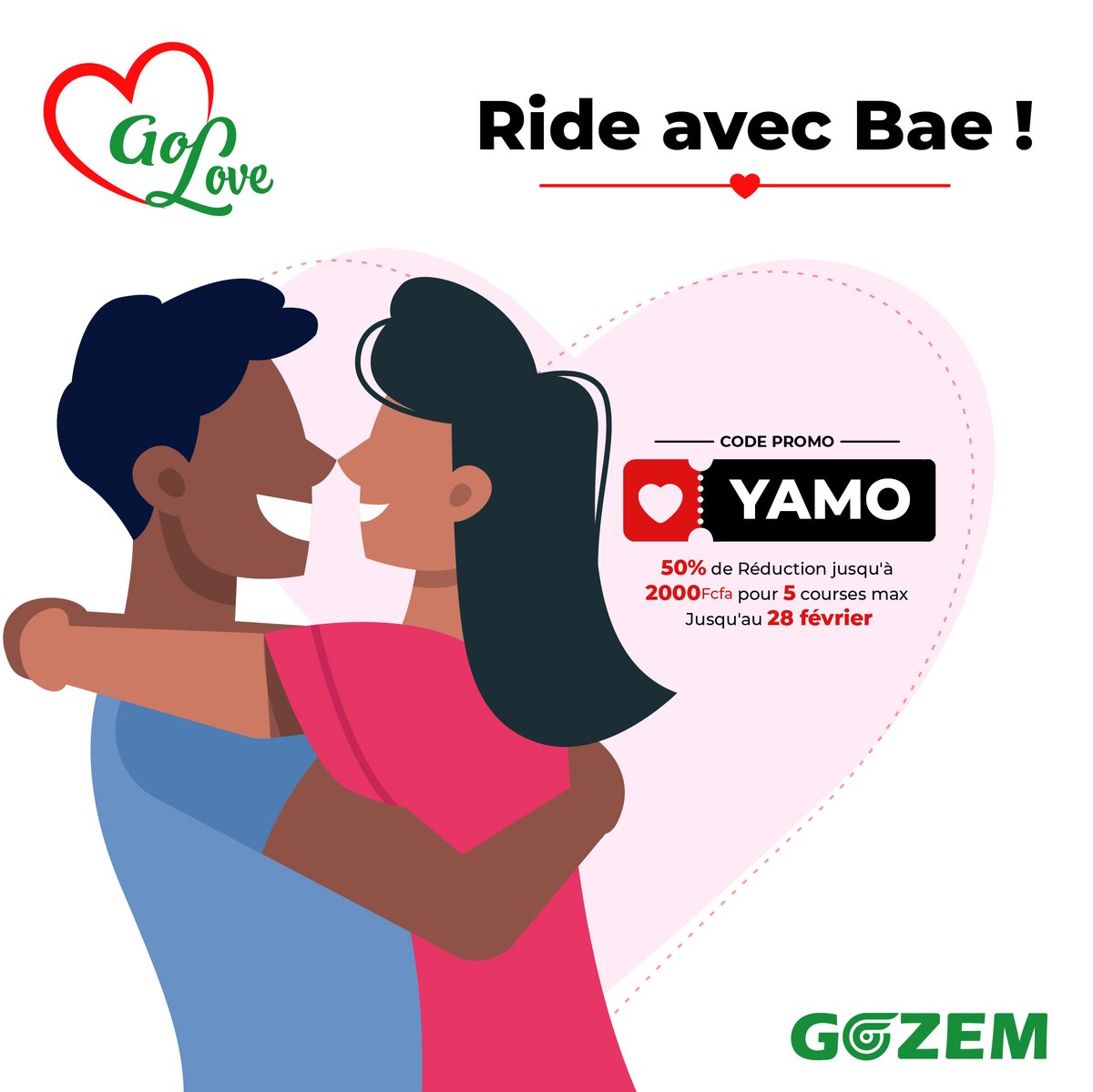 GozemCM's tweet photo. Parce que vous êtes précieux à nos yeux, nous vous offrons jusqu'au 28 février, 50% de réduction (max 2000F) valable pour 5 courses avec le code promo YAMO 💚
Love is about "les mbindi attentions de Gozem"
#HappyLoveWeek #GoLoveByGozem #GozemLovesAfrica #GozemCameroon https://t.co/xCShWg7pBT