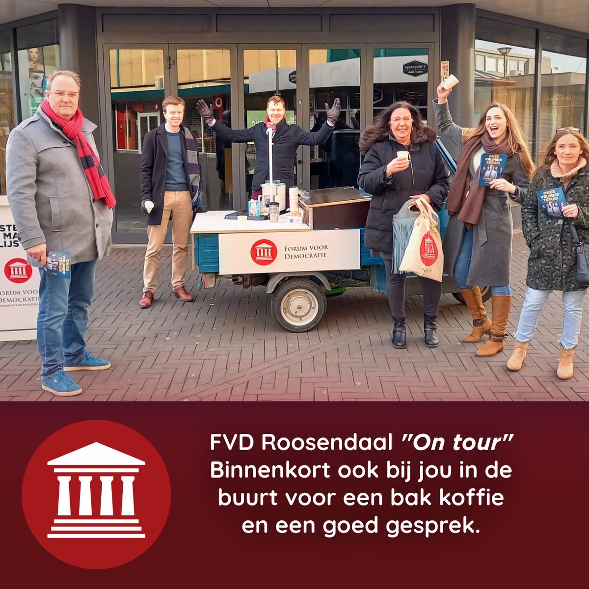 Afgelopen weekend was de kick-off voor onze 
campagne. Met de mobiele koffiebar en super 
enthousiaste vrijwilligers gaan wij komende weken op pad in Roosendaal en dorpen om met jou in gesprek te gaan.

#stemFVD #roosendaal #wouw #wouwseplantage #heerle #nispen #moerstraten