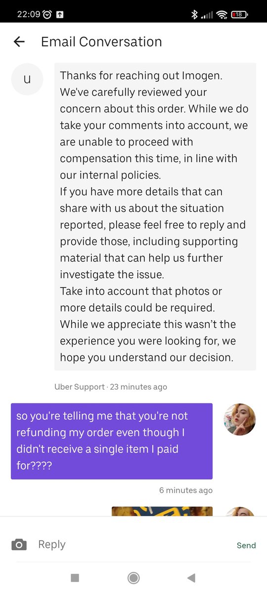 PyrrhicFire's tweet photo. @UberUKsupport hey I'd actually really like to speak to am actual human please so someone can explain to me why it is that even though I didn't receive any of my order i don't qualify for a refund??? 
And your customer support chat is ignoring me. Honestly disgusting behaviour. https://t.co/OFMBBKieiX