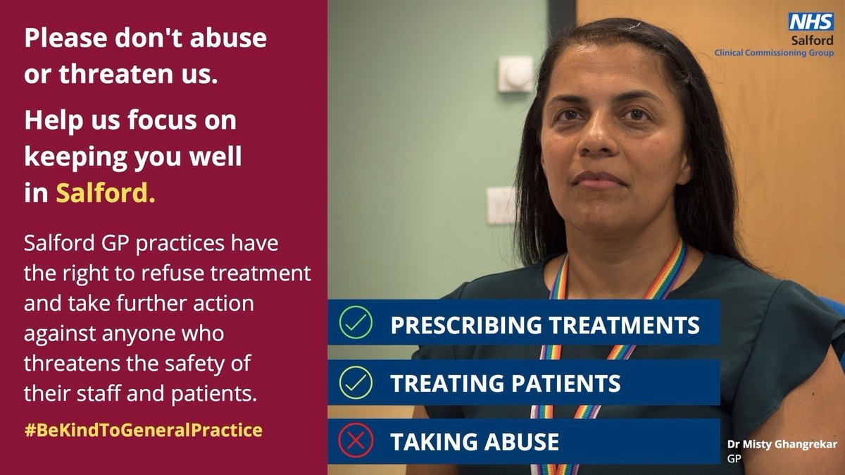 SalfordICP's tweet photo. Please don't abuse or threaten us.
Help us focus on keeping you well in Salford.
#BeKindToGeneralPractice
โ
Monitoring patients' conditions
โ
Referring to services
โ Being threatened
#BeKindToGeneralPractice #zerotolerance #NHS #GP #PracticeStaff https://t.co/FNbfV69SSN