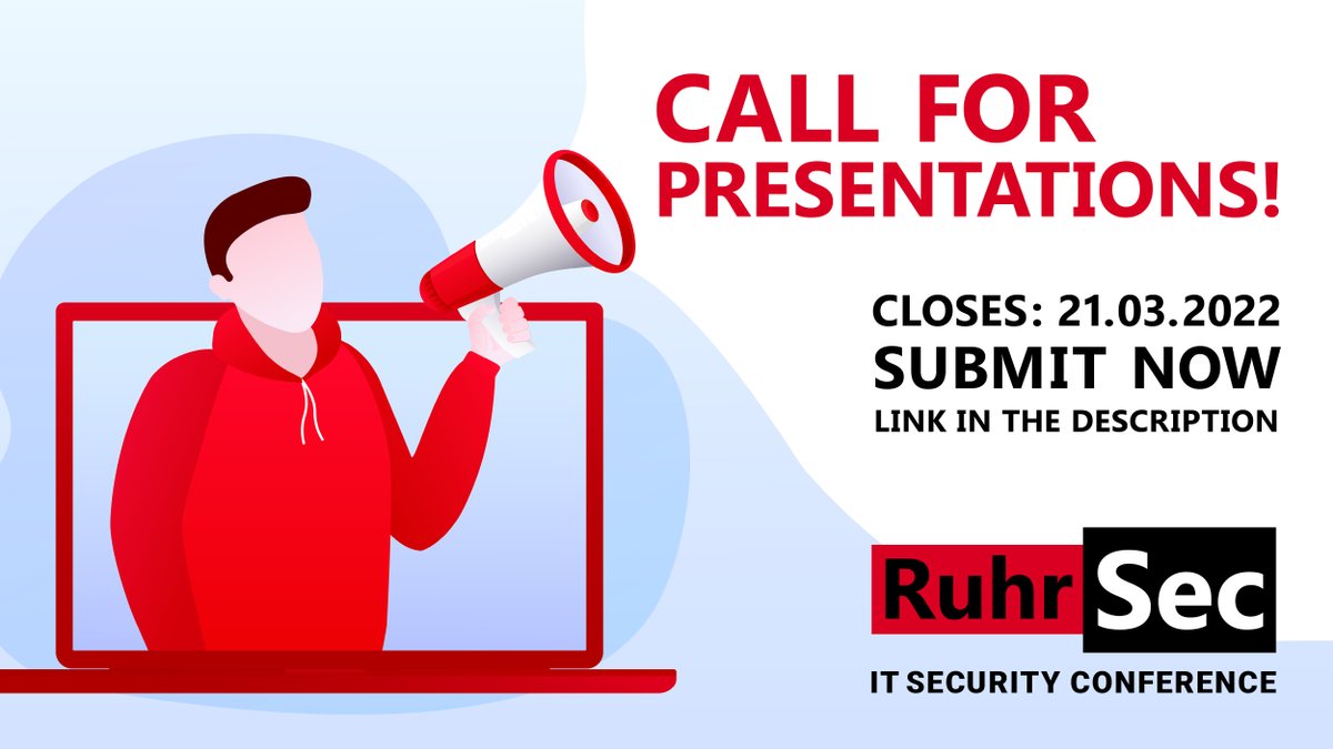 ruhrsec's tweet photo. The Call for Presentations for #RuhrSec Day 2022 has finally started! 

The #CfP is open until 21th March.

Submit your proposal, become a speaker, and celebrate @ruhrsec day with us

🌐 https://t.co/5VTT9mgRVe

#itsecurity #conference #CyberSecurity #IT #itsicherheit https://t.co/dhudCB27jk