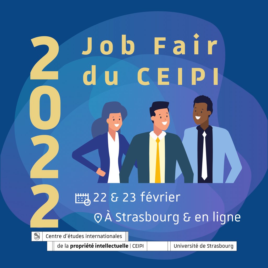 L'INPI, en tant qu'acteur majeur de la #propriétéintellectuelle, présentera aux étudiants du <a href="/CEIPIStrasbourg/">CEIPI</a> les possibilités d'emplois offertes par l'Institut : juristes, ingénieurs... 

📅 Lors du #JobFairCEIPI, les 22 &amp; 23 février à Strasbourg et en ligne.