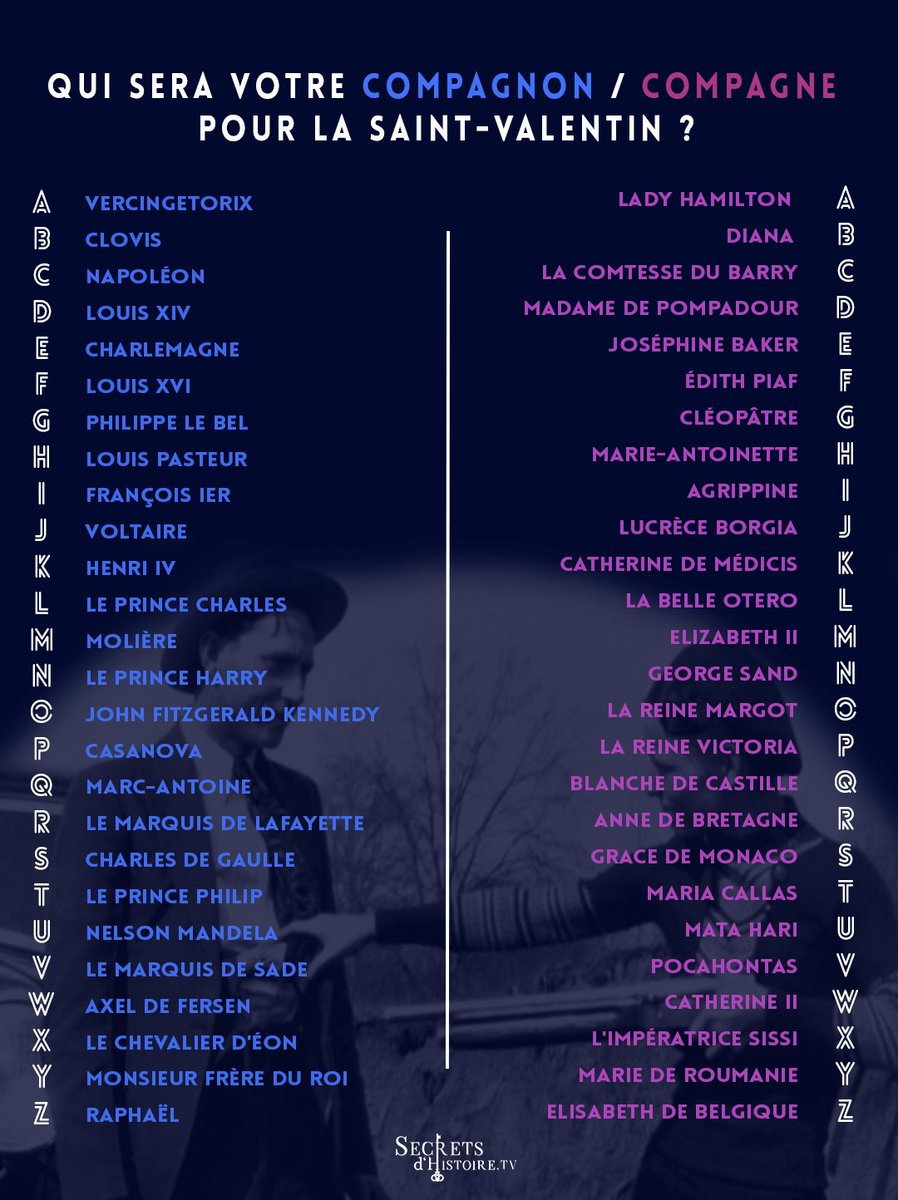 secretshistoire's tweet photo. 🔵 𝗩𝗢𝗧𝗥𝗘 𝗗𝗜𝗡𝗘𝗥 𝗔𝗨𝗫 𝗖𝗛𝗔𝗡𝗗𝗘𝗟𝗟𝗘𝗦 💘 | Avec qui allez-vous passer votre Saint-Valentin ? Pour le savoir, grâce à la première lettre de votre prénom, découvrez celui ou celle qui vous accompagnera ce soir ! Êtes-vous conquis/conquise ? 😍 https://t.co/QJdE18mw5L