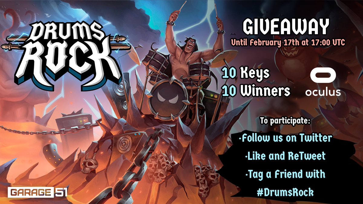 PlayDrumsRock's tweet photo. 🤟 GIVEAWAY 🤟

To celebrate Drums Rock #VR Launch on AppLab we are giving away 10 keys for @MetaQuestVR   to 10 winners. You can participate until February 17 - 17:00 UTC.

To participate:
- Follow @PlayDrumsRock 
- Like + Retweet
- Tag a Friend with the #DrumsRock https://t.co/4ox75ssnhr
