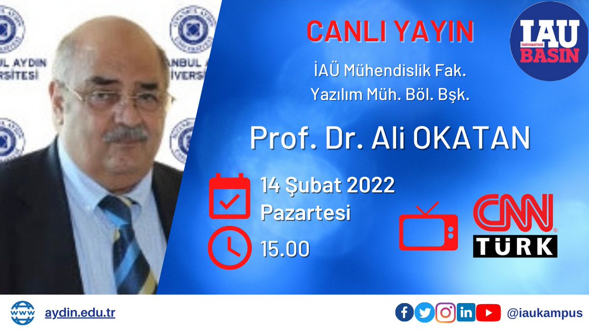 📺 Yazılım Mühendisliği Bölüm Başkanımız Prof. Dr. Ali Okatan,15.00 Haber Bülteni'nde,"Lazerle 45 günde Mars'a seyahat" konusu hakkında değerlendirmelerde bulunacak.

İzlemek için 👉 cnnturk.com/canli-yayin

<a href="/IAUKampus/">İstanbul Aydın Üniversitesi</a> <a href="/drmaydin/">Prof. Dr. Mustafa AYDIN</a> <a href="/iaumuhendislik/">Mühendislik Fakültesi</a> <a href="/IauYazilim/">IAU Software Engineering</a> <a href="/cnnturk/">CNN TÜRK</a> <a href="/goksuongoren/">Göksu Öngören</a>