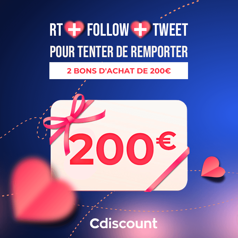 Cdiscount's tweet image. 🎁 #Concours

Pour la Saint-Valentin, on t'offre un bon de 200€ pour toi et la personne de ton choix !

Pour tenter ta chance :
❤ RT ce tweet
❤ TWEET le nom de la personne
❤ FOLLOW @Cdiscount

🍀 TAS 17/02