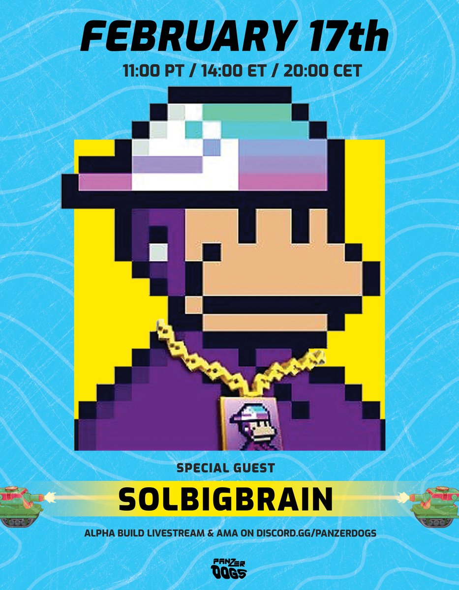 Giveaway Alert! 🚨 For our Early Alpha Build Livestream &amp; AMA with @SolBigBrain we're giving away 2 spots to play along! 😎

2 winners get 1 PANZERDOG + 1 TANK. 😮 To win:
- Be available on FEB 17th at 21:00 UTC
- Join discord.gg/panzerdogs
- Follow, RT, Like
- Tag 3 friends