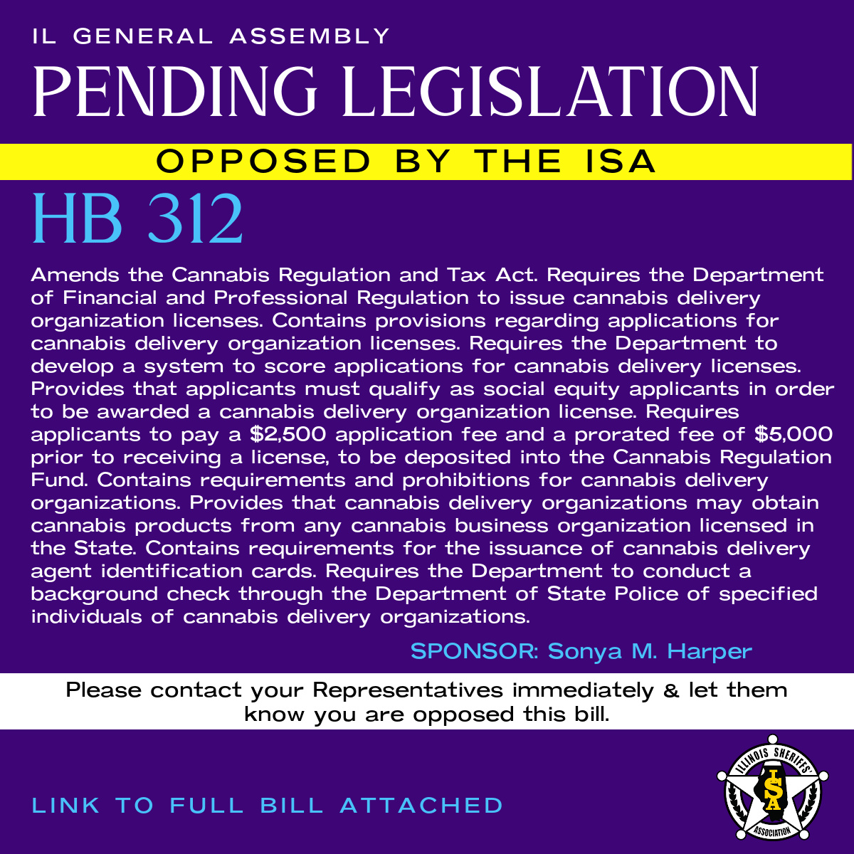 ILSheriffsAssoc's tweet image. HB312 - Opposed by the ISA

Link: ilga.gov/legislation/bi…