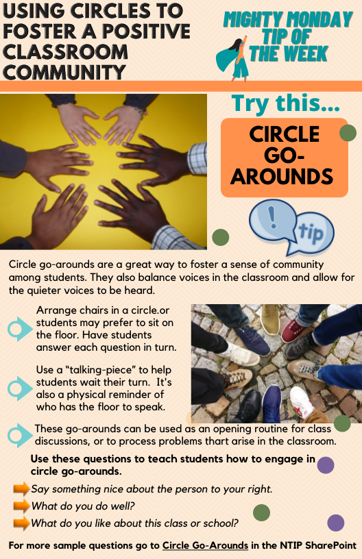 Mighty Monday Tip of the Week is here!  Try this tip for fostering positive classroom communities - CIRCLE GO-AROUNDS. Find out how you can implement this simple strategy to create positive relationships in the classroom. Visit bit.ly/DPNTIP for more helpful tips!