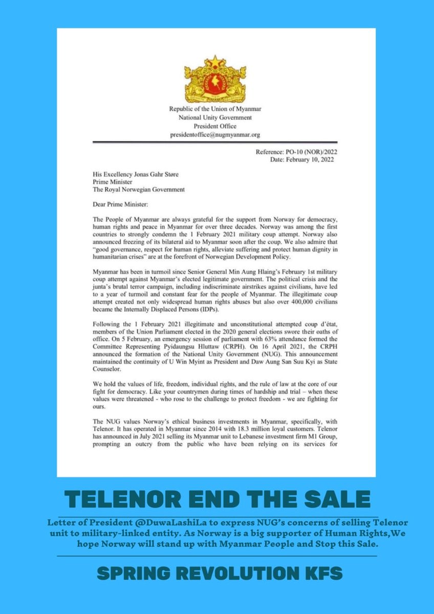President <a href="/DuwaLashiLa/">Acting President Duwa Lashi La</a> expressed NUG’s concerns about selling the Telenor unit to the military-linked entity. As Norway is a big supporter of Human Rights, We hope Norway will stand up with Myanmar People and Stop this Sale.
#Telenor_ProtectUsersData
#Telenor_StopTheSale