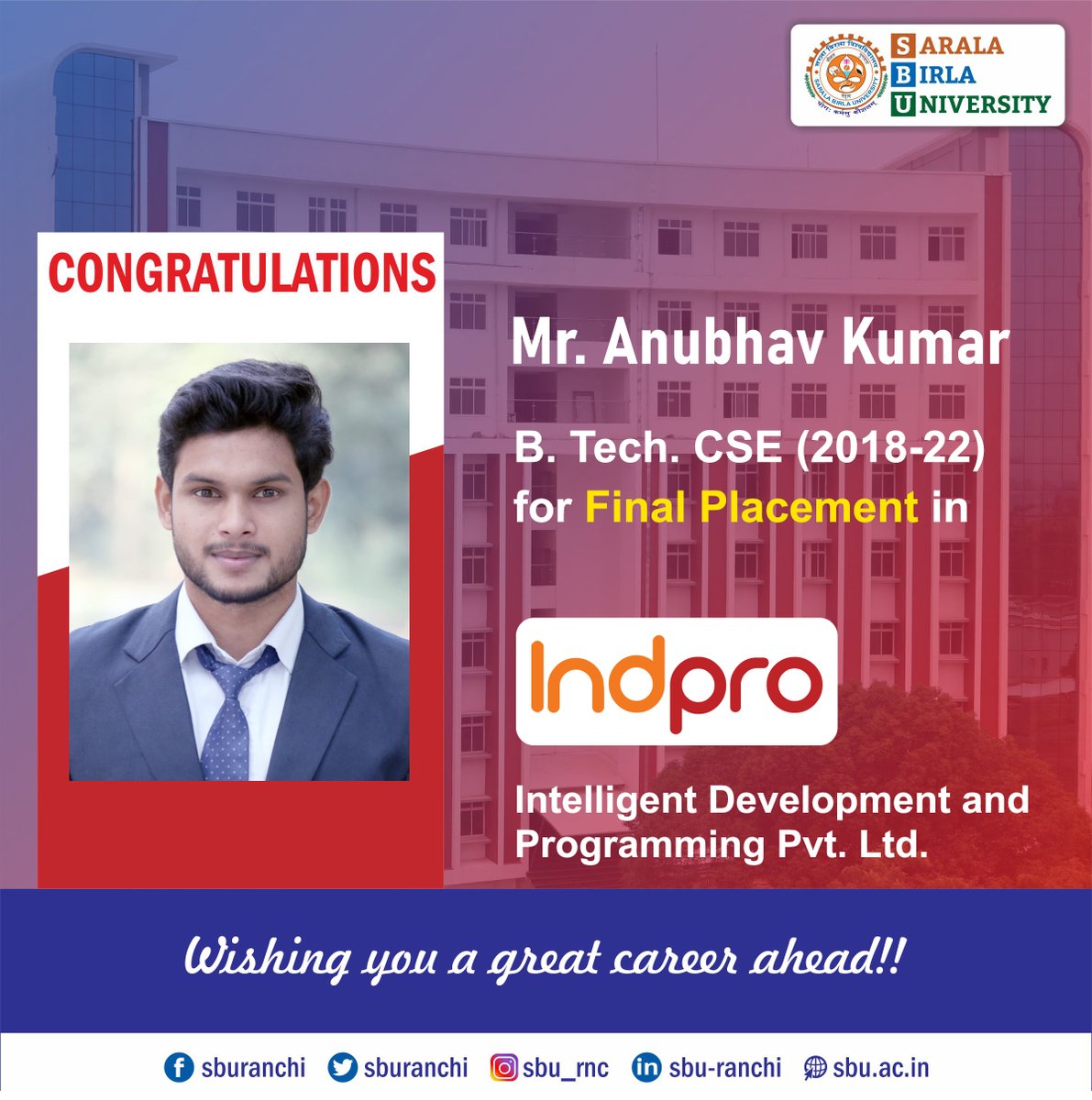 sburanchi's tweet photo. Congratulations to our B. Tech. CSE 2018-22 Batch Students for their Final Placement in Intelligent Development and Programming Pvt. Ltd. (INDPRO).
#sbu #sburanchi #campusplacement #finalplacement #btech #cse #indopro https://t.co/Z04fft8uRS