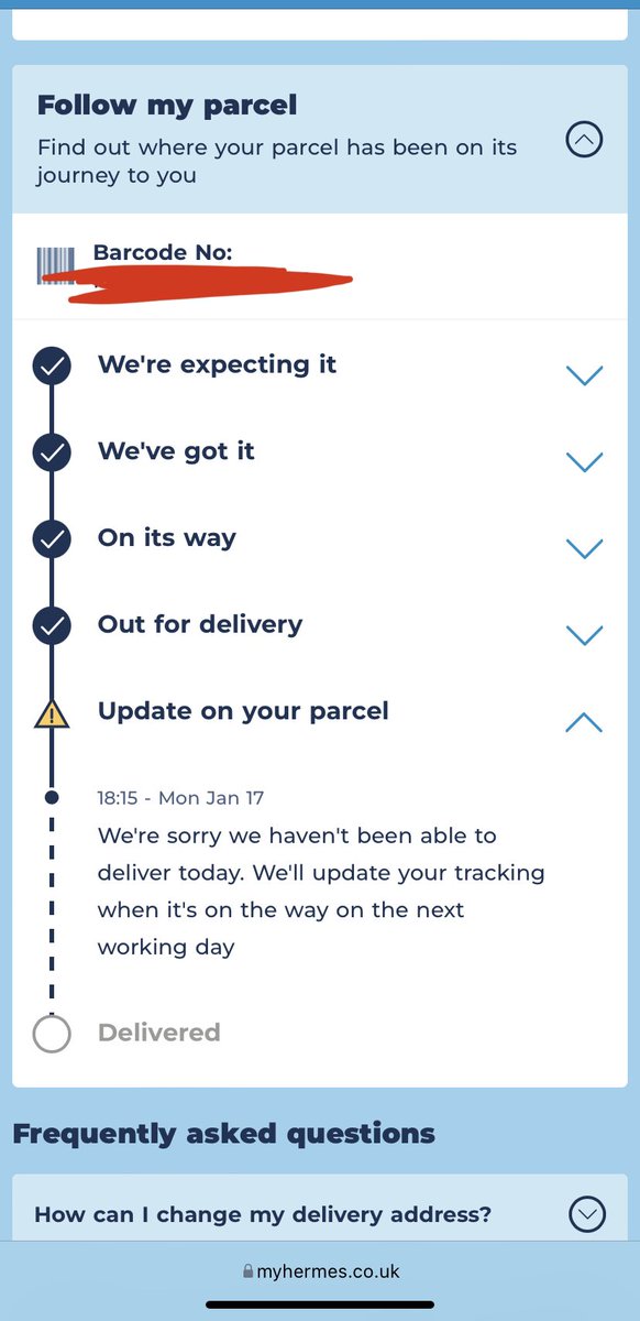 clo_wakefield's tweet photo. @Hermesparcels please can I have an update on my parcel - my last update was 17th January. https://t.co/KBneWfX2k7