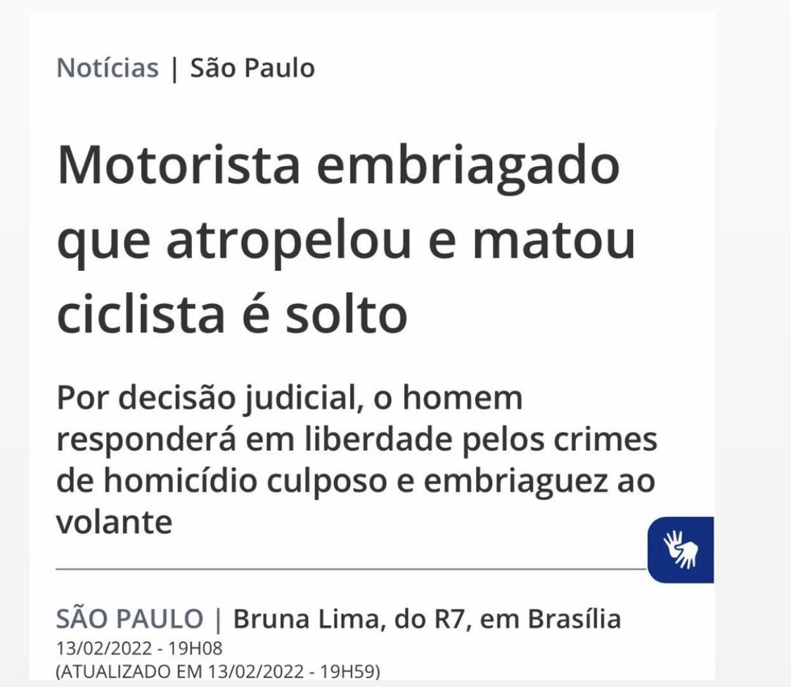 O pior de tudo é ler comentários de “ciclistas” dizendo: “Não entendo porque ciclistas utilizam  rodovias para pedalar”.
A resposta seria: “Não entendo porque as pessoas bebem antes de dirigir e porque a sociedade insiste em justificar crimes. 😔