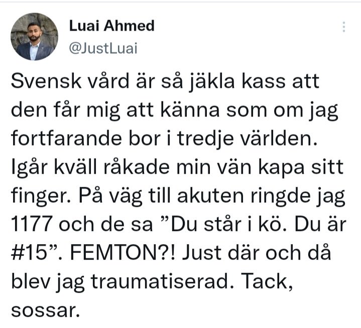 FeliciaJxn's tweet photo. Jag måste också få skratta åt detta?
Hahahah vem fan ringer 1177!? Det är för att få höra ”besök läkare” utan att känna att ”vår generation åker till akuten för minsta lilla”

ÅK IN OM DITT FINGER ÄR KAPAT. Jeeesh. https://t.co/FiITVN3FRA