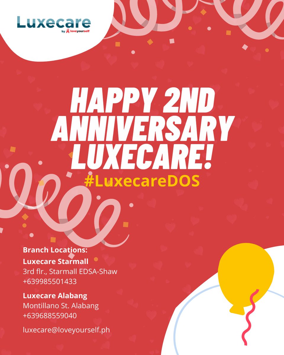 Happy 2nd Anniversary Luxecare! 🎉

Many promos to be posted and visit our clinics to receive free gifts from us powered by SelfCare and Safe Spaces PH <3 

Branch Locs:
Luxecare Starmall
3F Starmall Edsa Shaw
+639985501433

Luxecare Alabang
Montillano St. Alabang
+639688559040
