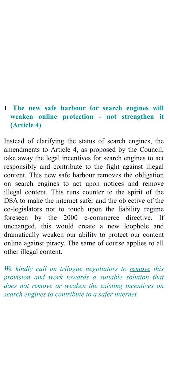 CreativityW's tweet image. 1/7 For the upcoming #DSA trilogues we call to correct these points: new safe harbour for #SearchEngines will weaken online protection in Art4. Remove this provision &amp;amp; work towards a solution that does not weaken the existing incentives on #SearchEngines