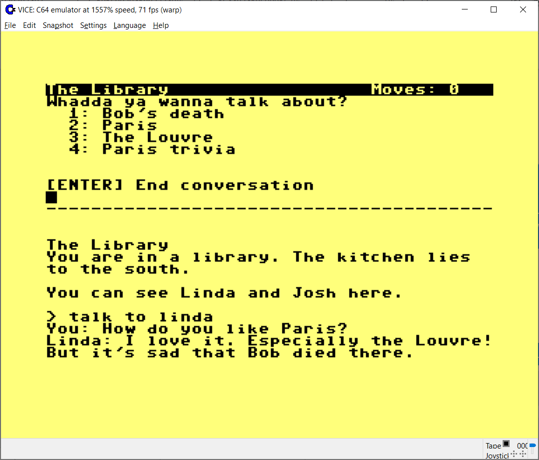 Retro text adventure library PunyInform v3.5 is out! github.com/johanberntsson…

* New extension for menu-driven conversation
* Handling of Undo when game ends has been updated 
* Some bug fixes and optimizations