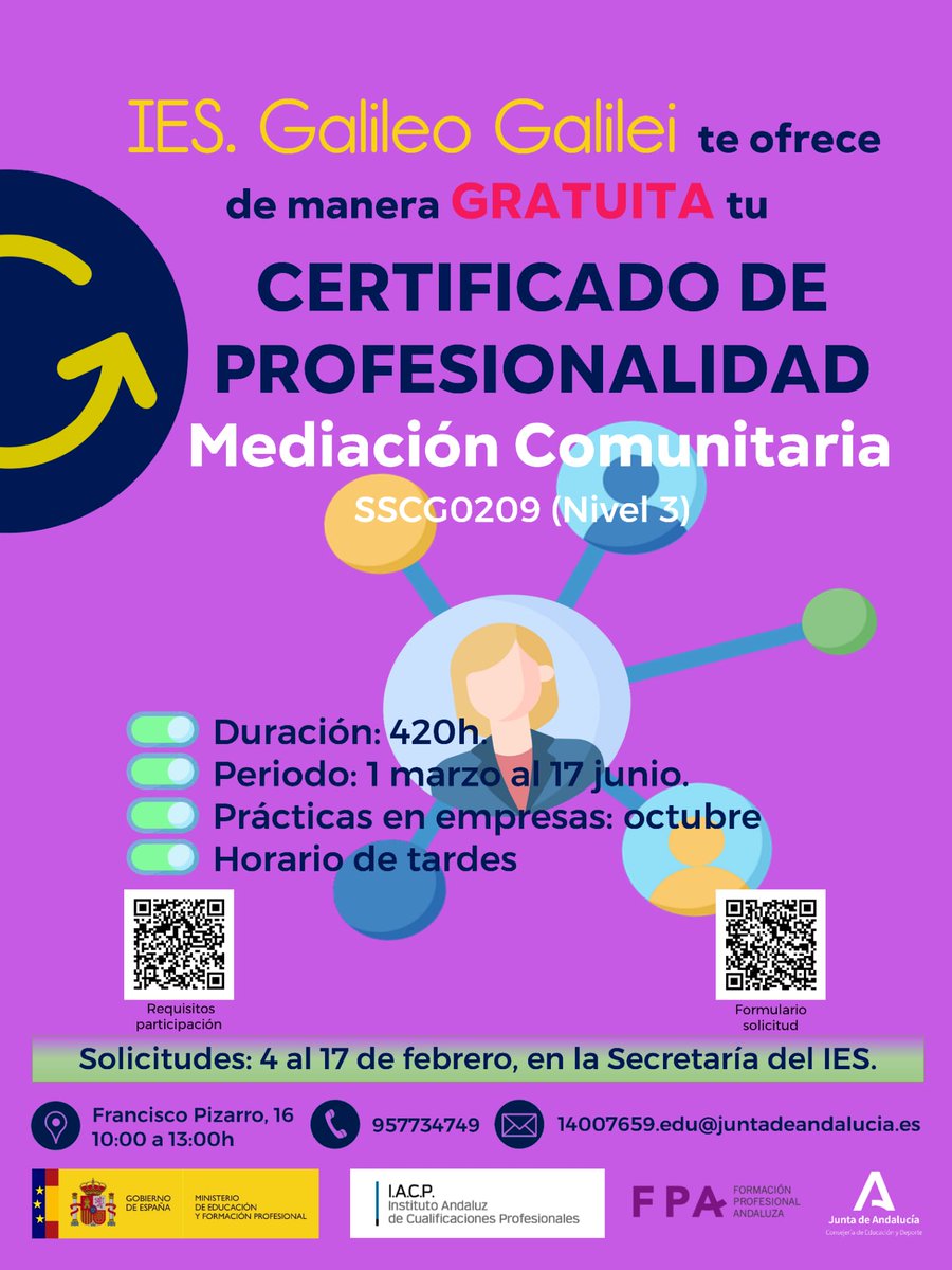 AndresQuebrajo's tweet photo. #certificadoprofesionalidad oficial gratuito y cualifica para trabajar #mediacioncomunitaria todavía quedan plazas. No pierdas opotunidad #desempleados en #Cordoba y @GALILEOCORDOBA @Copesaeduso @ayuncordoba_es @tsocialcordoba @catrabajosocial @cordopolis_es @cordoba @Univcordoba https://t.co/eQgyV9AKdX
